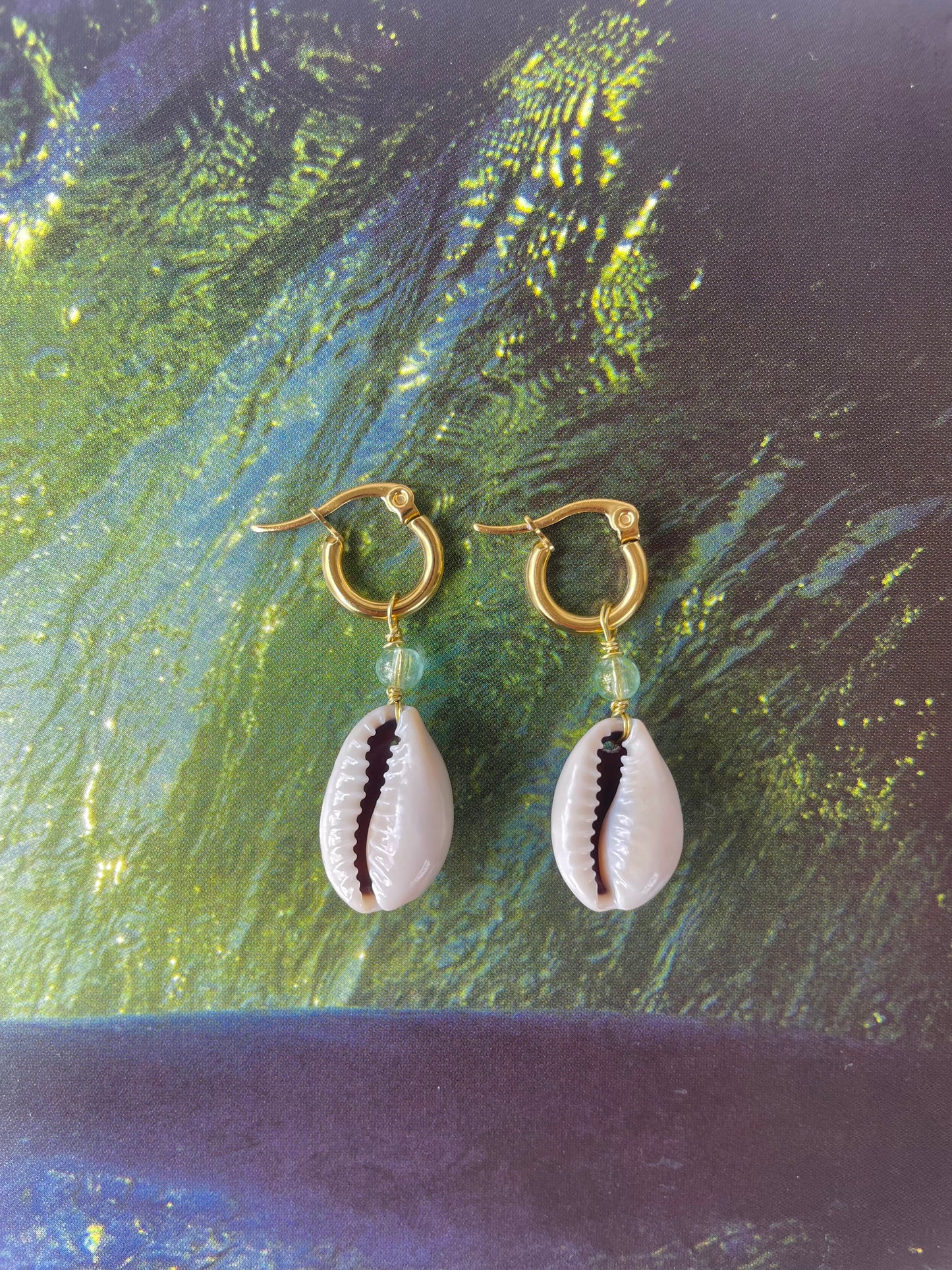 Small Gold Sea Foam Cowrie Hoop Earrings