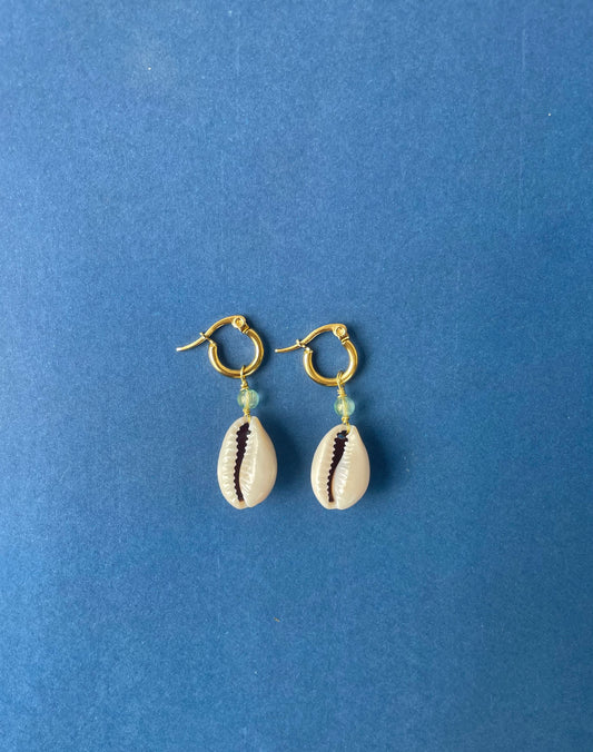 Small Gold Sea Foam Cowrie Hoop Earrings