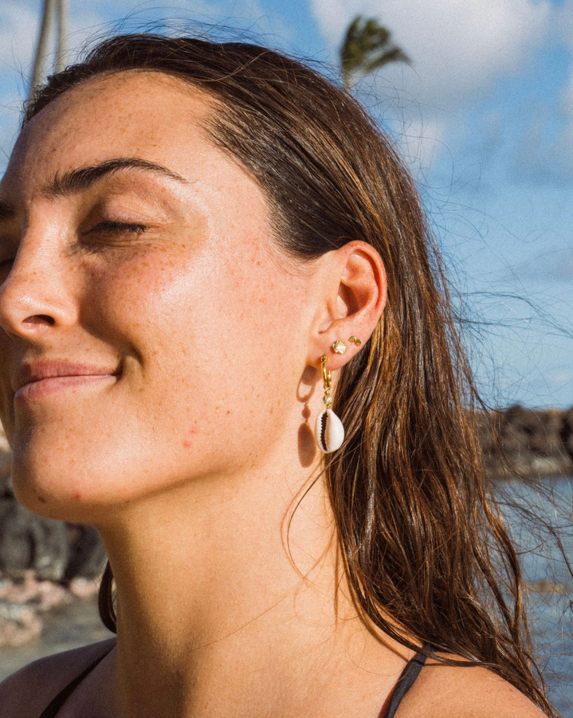 Small Gold Sea Foam Cowrie Hoop Earrings