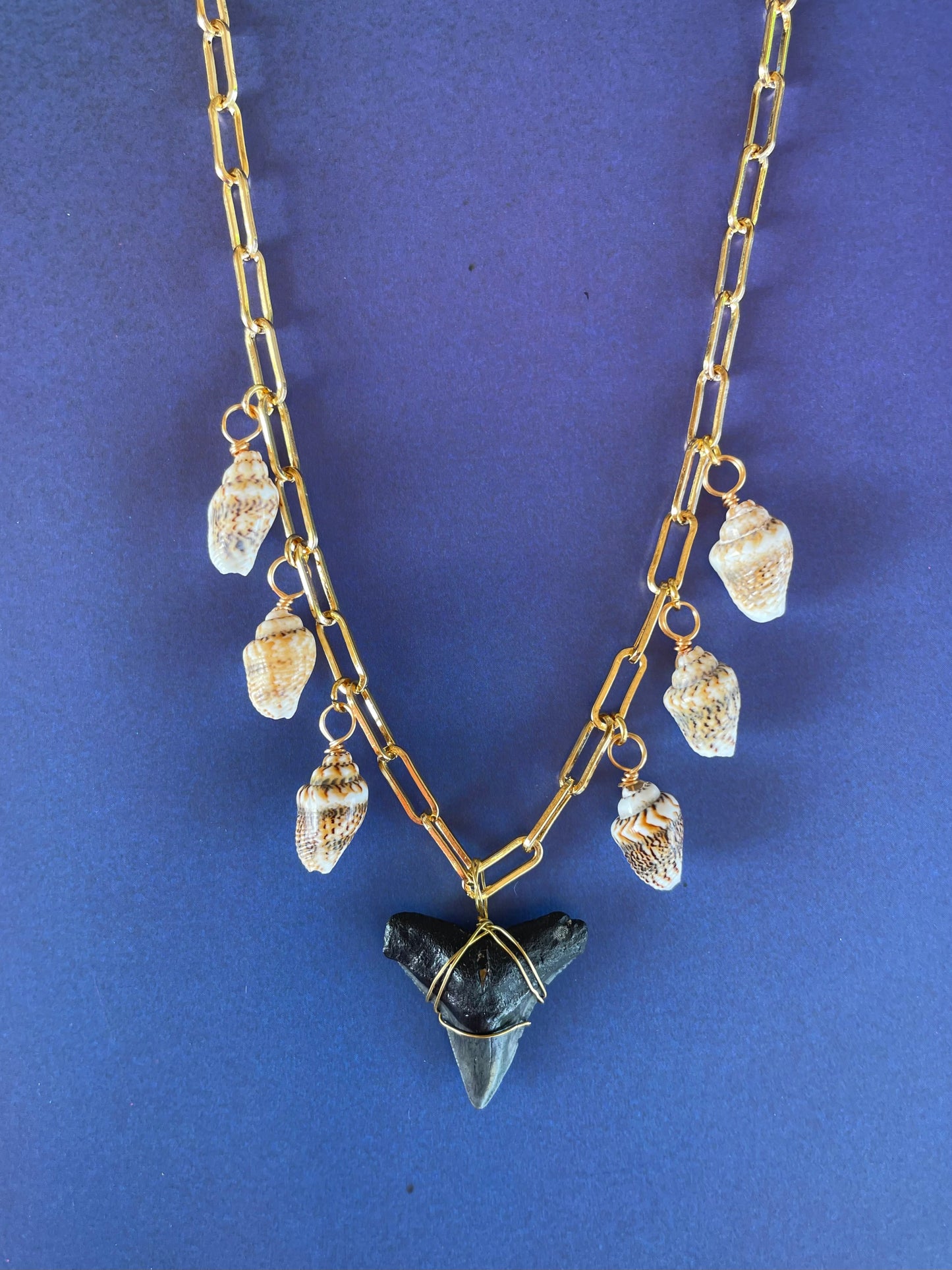 Shark Tooth and Shell Gold Charm Necklace