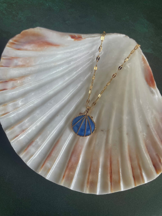 Gold Blue Shell Pendant Necklace