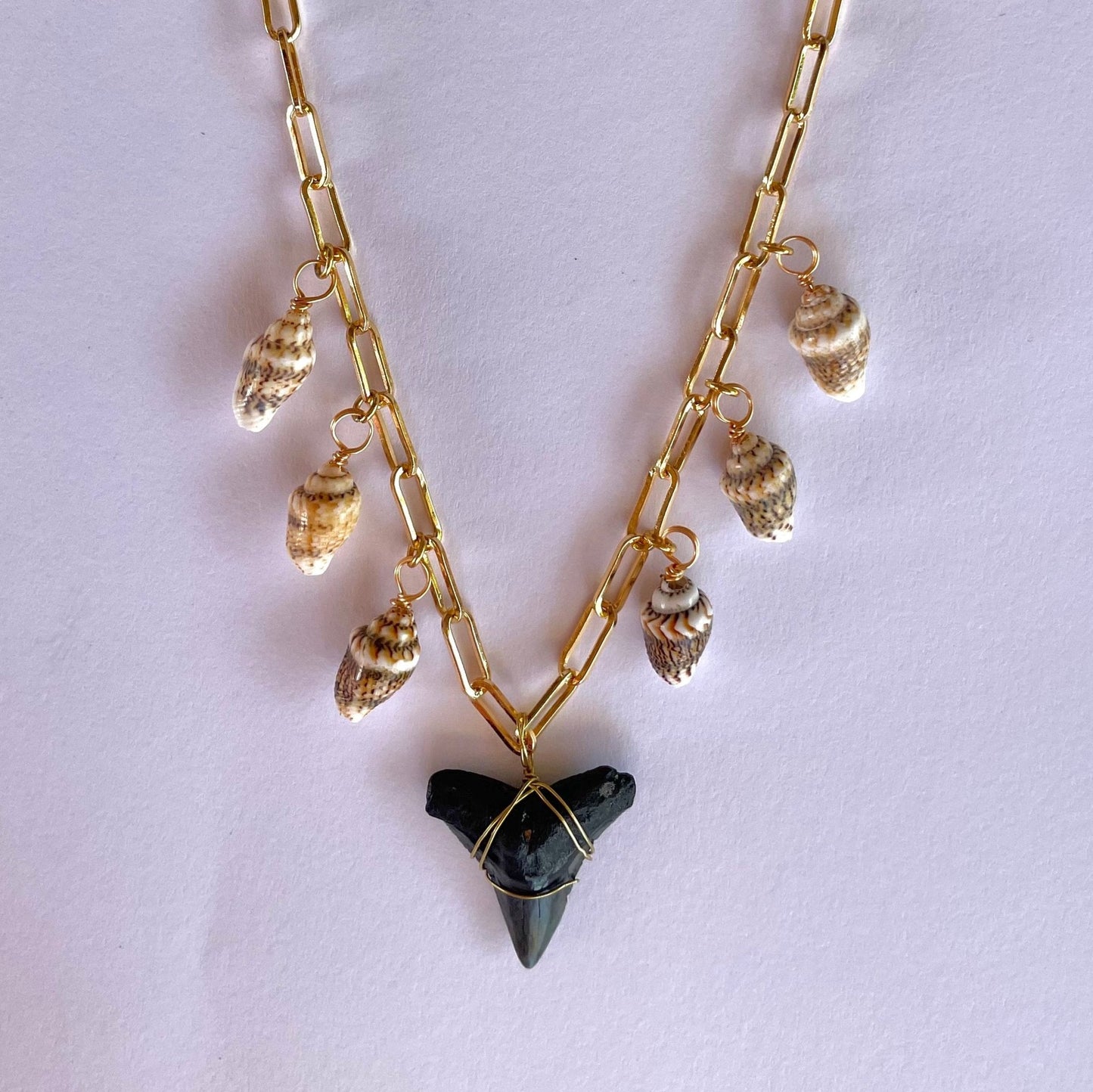 Shark Tooth and Shell Gold Charm Necklace