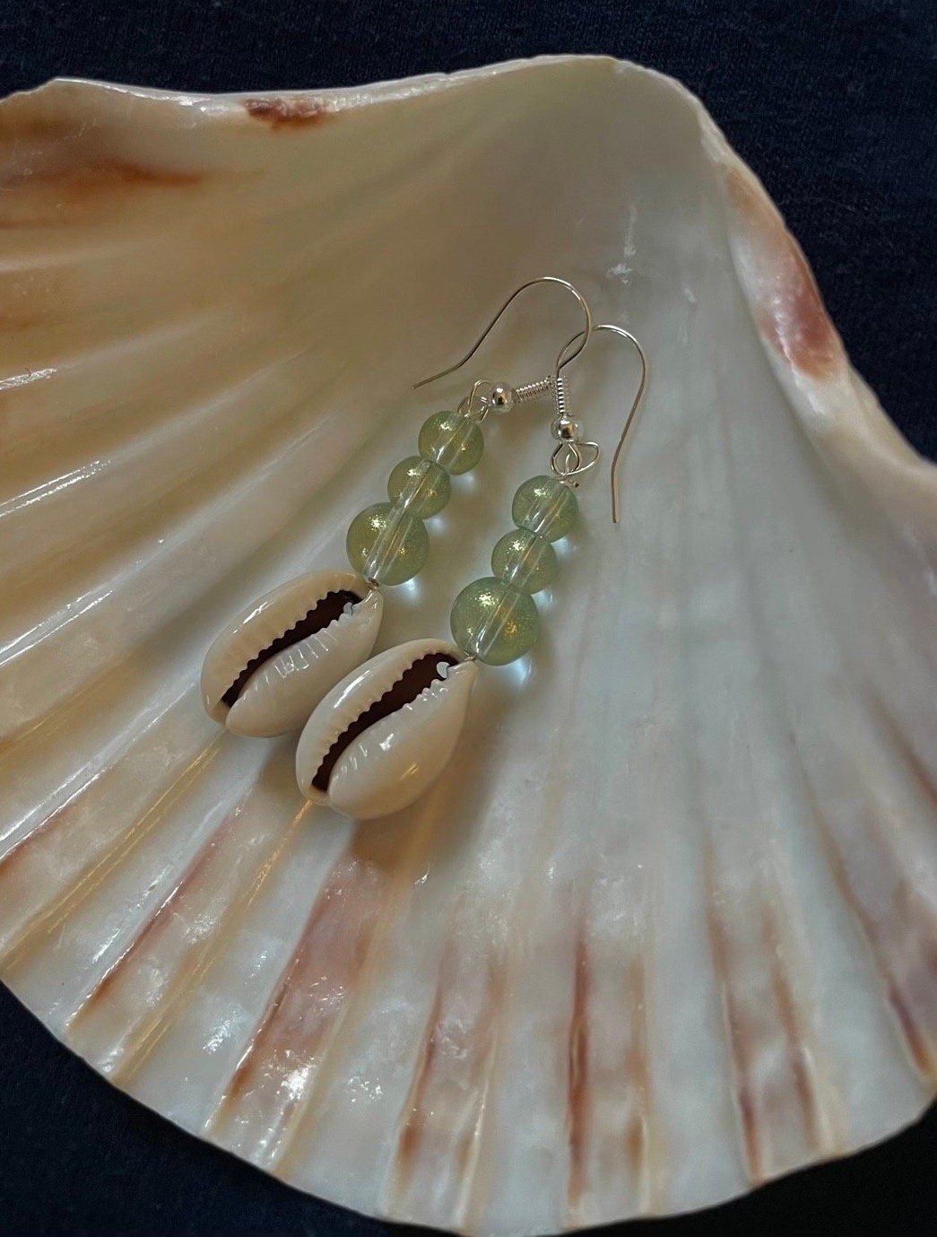 Sea Foam Glass Bubble Bead Cowrie Earrings